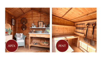 Interior of a shed with pent roof and shed with apex roof